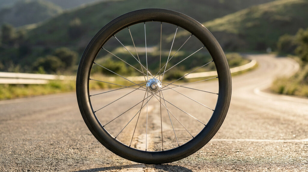 Roue de vélo de route en carbone posée sur une route asphaltée avec un paysage montagneux en arrière-plan.