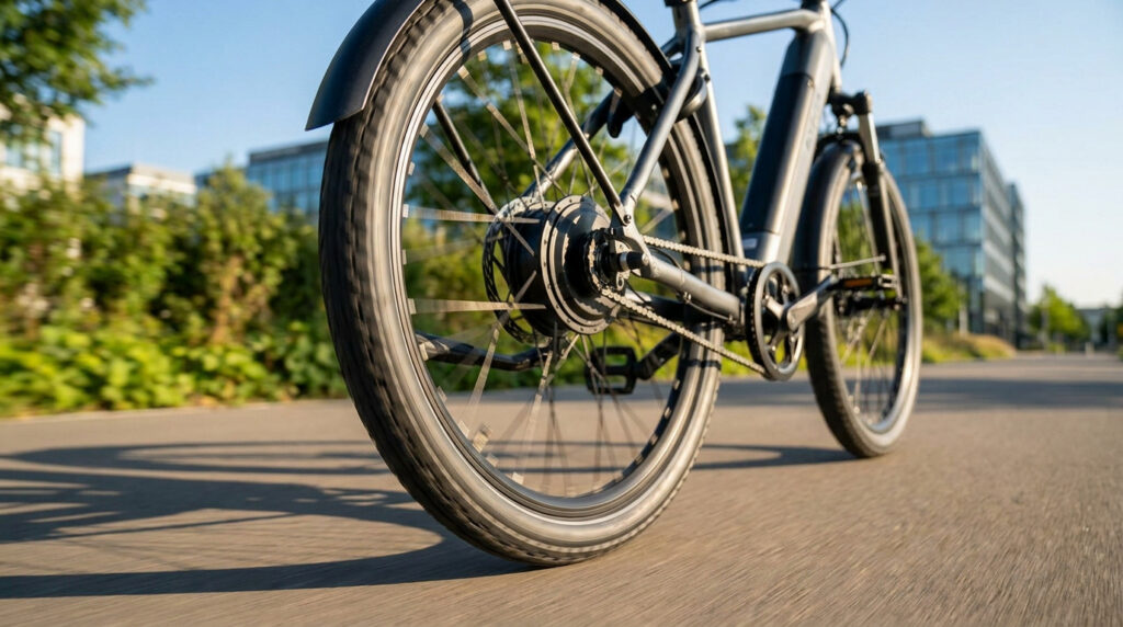 Gros plan sur la roue arrière d'un vélo électrique roulant sur une piste cyclable urbaine ensoleillée.