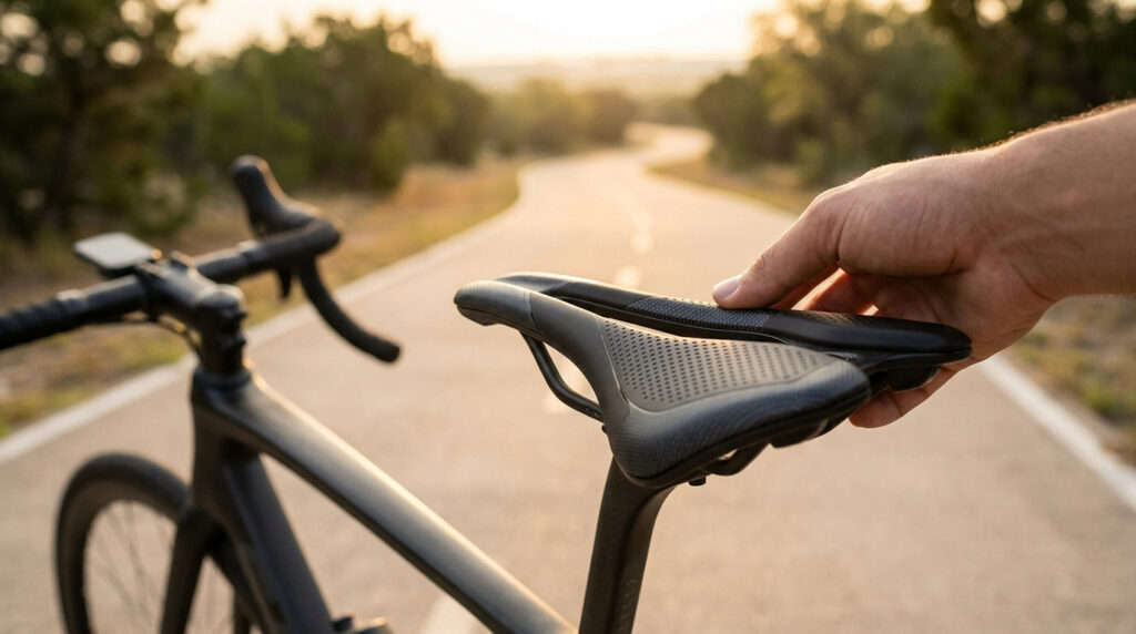 Une main ajustant une selle de vélo de route noire avec une texture antidérapante sur une route en arrière-plan.