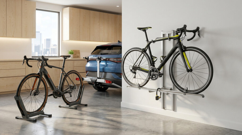 Support mural pour vélo et support au sol dans un garage moderne avec une voiture équipée d'un porte-vélo.