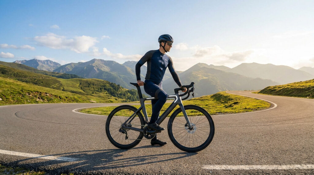 Cycliste en tenue professionnelle sur un vélo de route électrique futuriste au milieu d'un col de montagne ensoleillé.