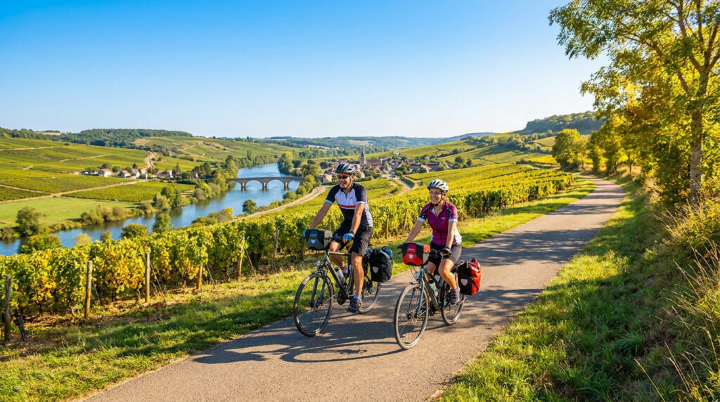Un couple de cyclotouristes sur un chemin goudronné traversant des vignes avec une rivière et un village en arrière-plan.