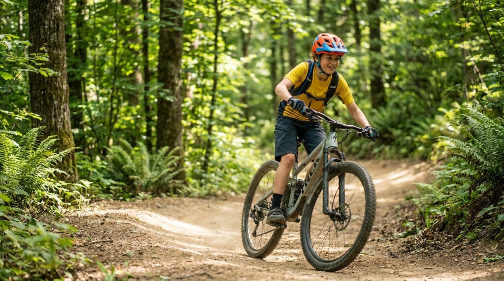 Un jeune vététiste avec un casque orange sourit en roulant sur un sentier en forêt.
