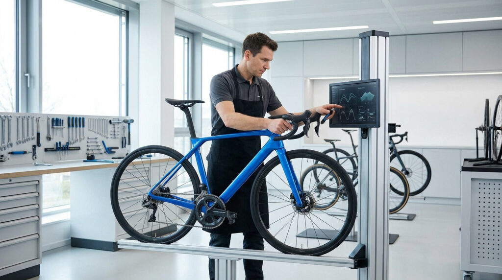 Un technicien qualifié effectuant un réglage précis sur un vélo de route bleu dans un atelier moderne.