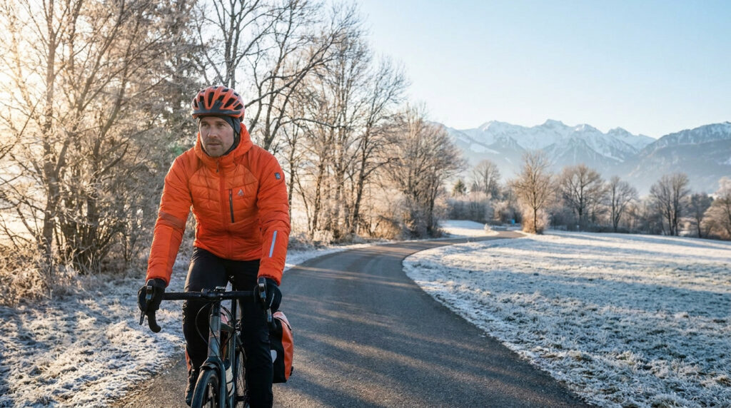 Cycliste portant une veste orange vif et un casque sur une route bordée d'arbres givrés par un matin d'hiver.