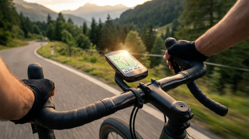 Cycliste regardant un compteur GPS Garmin sur son guidon lors d'une sortie vélo en montagne au soleil.