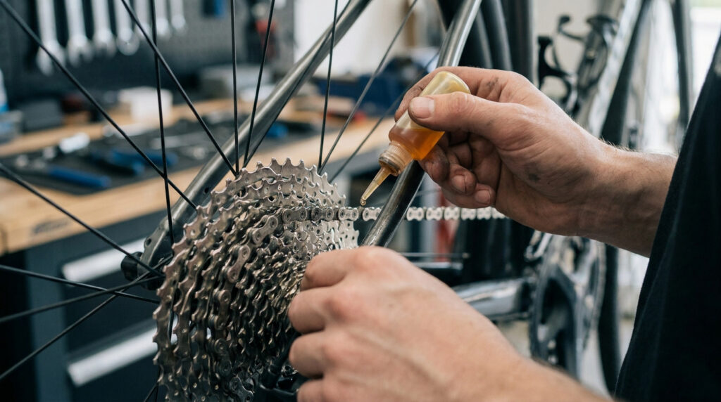 Mains d'un mécanicien appliquant de l'huile sur la chaîne d'un vélo dans un atelier.