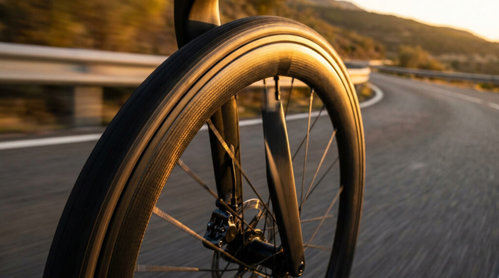 Gros plan sur une roue de vélo en carbone en mouvement sur une route sinueuse au coucher du soleil.