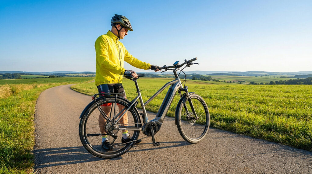 Cycliste portant un casque et une veste jaune s'arrêtant avec son vélo électrique sur une route de campagne ensoleillée.
