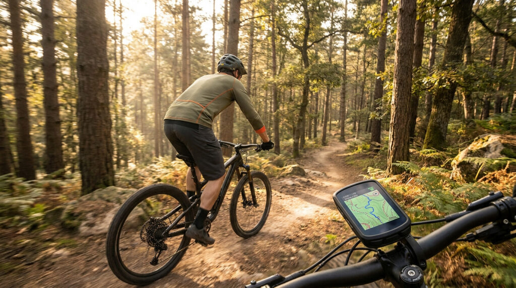 Cycliste en VTT sur un sentier forestier avec un GPS guidant l'itinéraire fixé sur le guidon au premier plan.